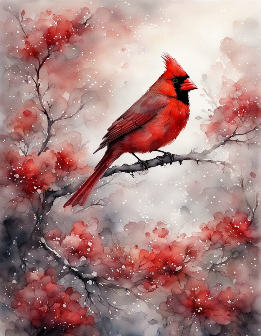 Cardinal in Flowering Tree: Watercolor and Ink