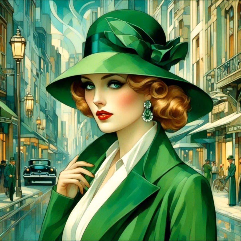 Art Deco Woman in Green Coat Smoking