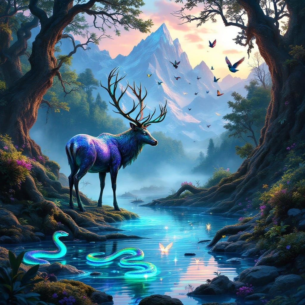 Surreal Landscape with Majestic Stag and Iridescent Mist