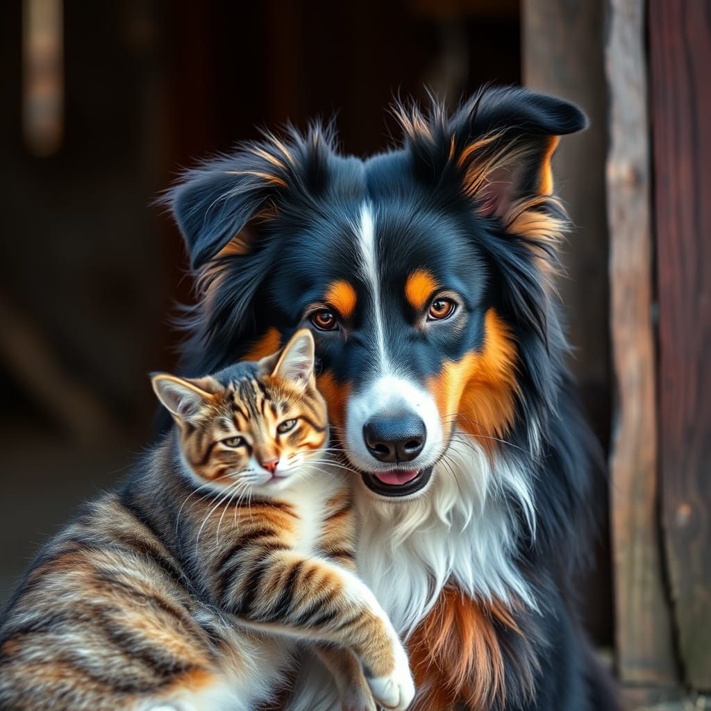 Australian Shepherd Saves a Barn Cat in a Hyperrealistic Sce...