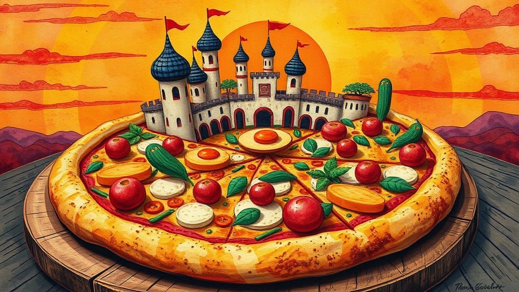 Fortress Pizza in Watercolor Collage Style