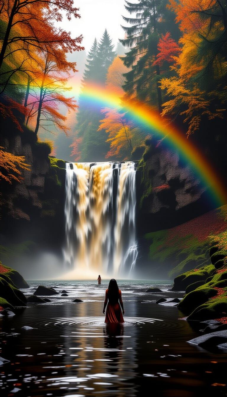 Glowing Waterfall in Autumn English Wood