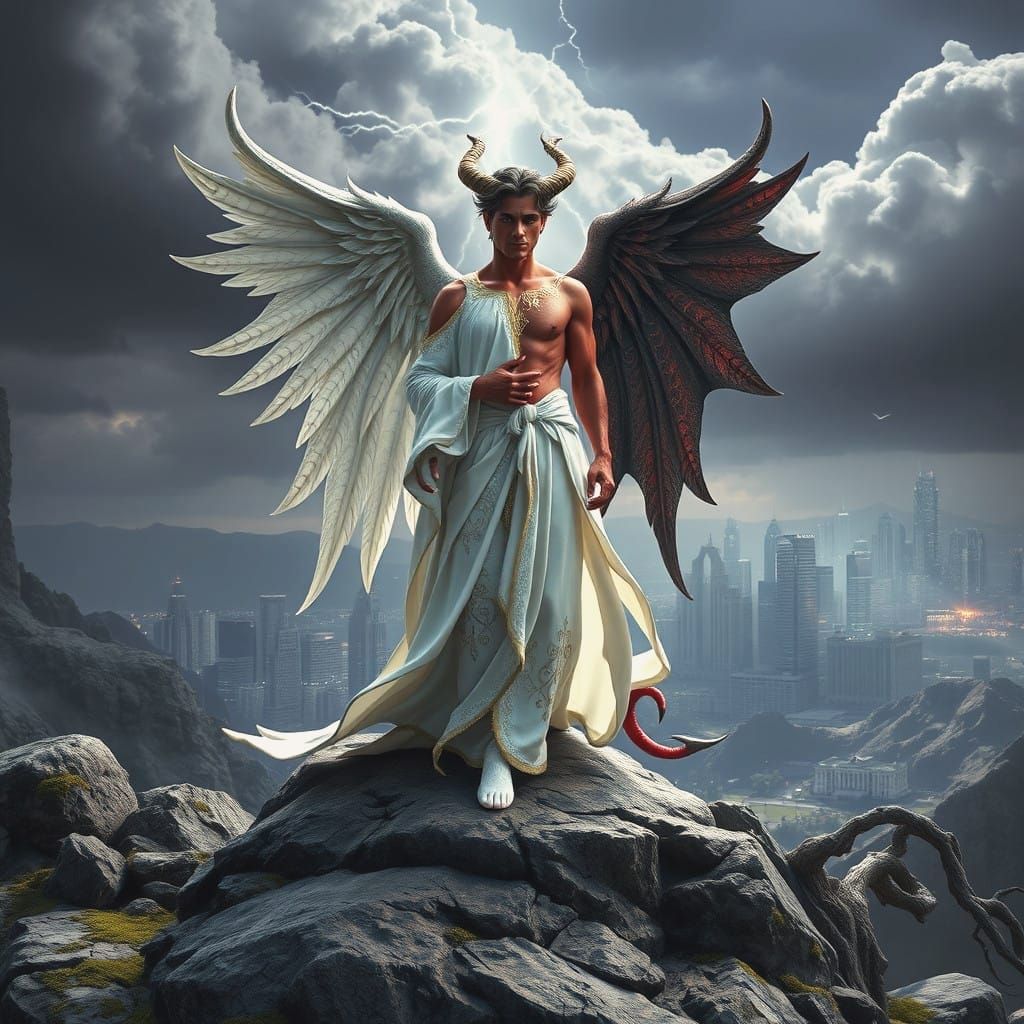 Dark Fantasy Angel Demon Hybrid in Cyberpunk Landscape