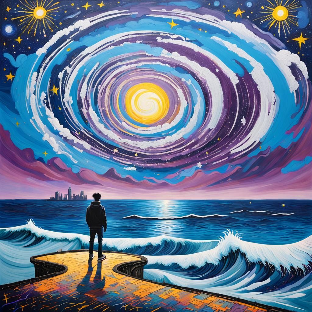 Person at Starry Ocean Edge in Street Art Style