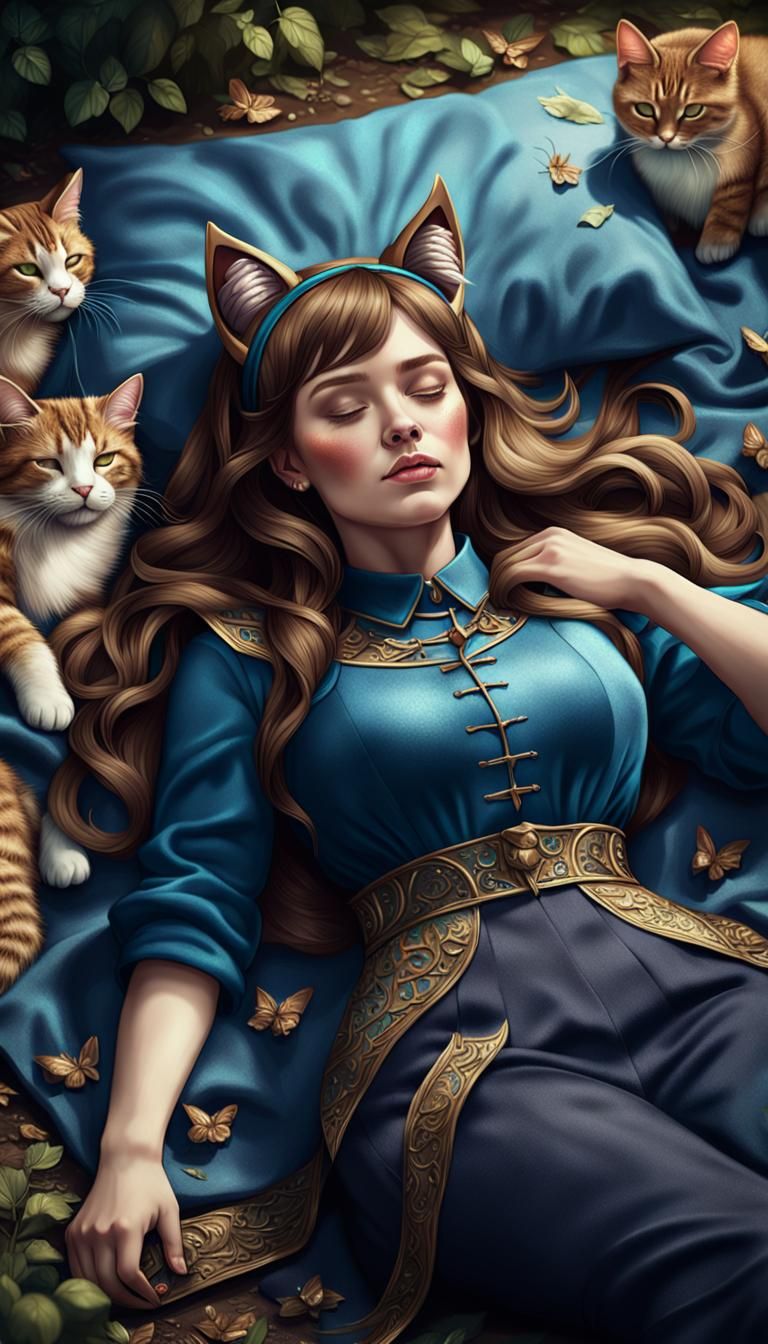 Woman with Cat Ears Sleeping: Detailed Digital Art