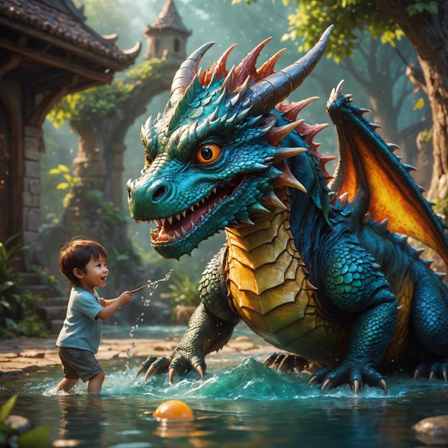 Cute Dragon Plays with Children: Hyperrealistic Splash Art