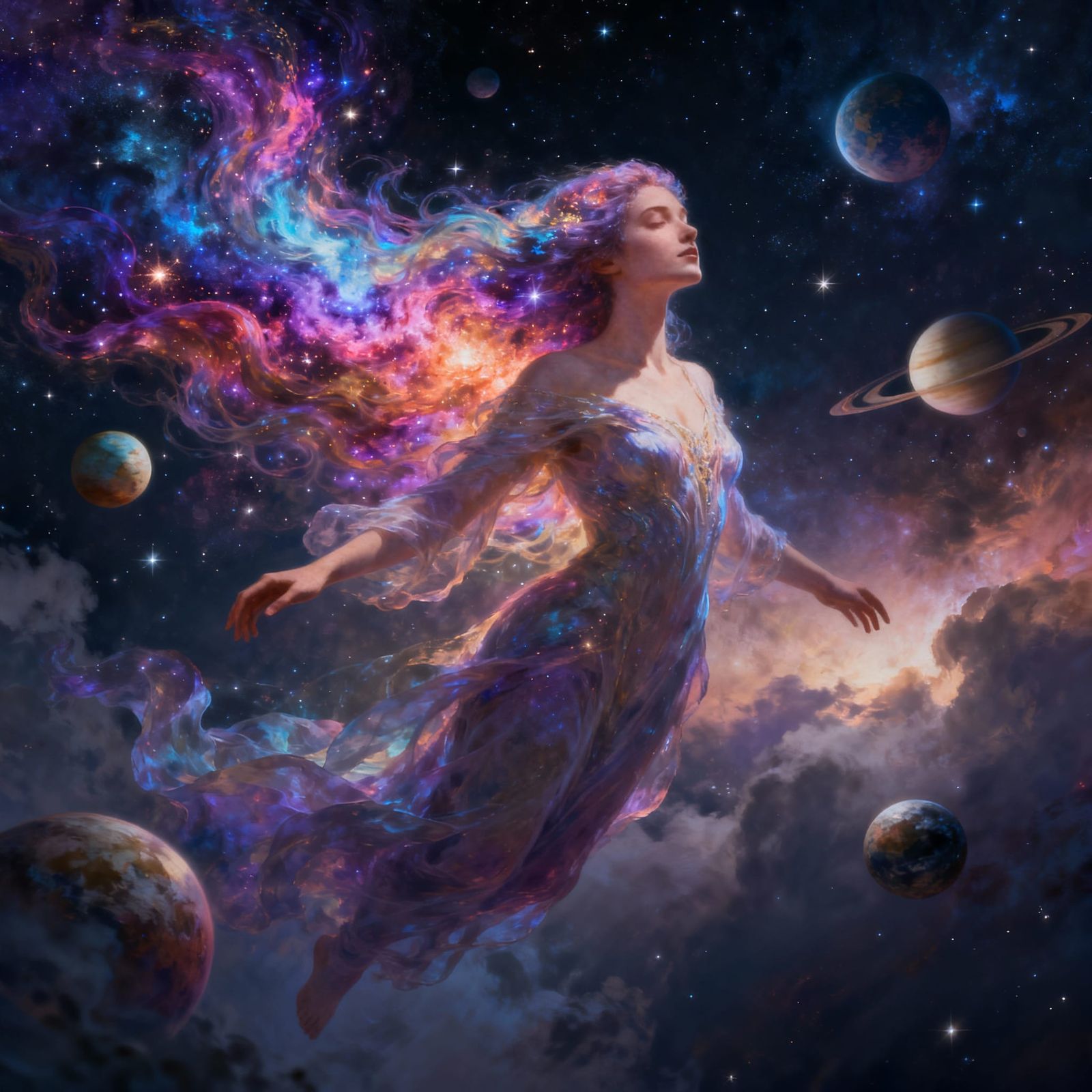 Divine Feminine Figure in Cosmic Nebula