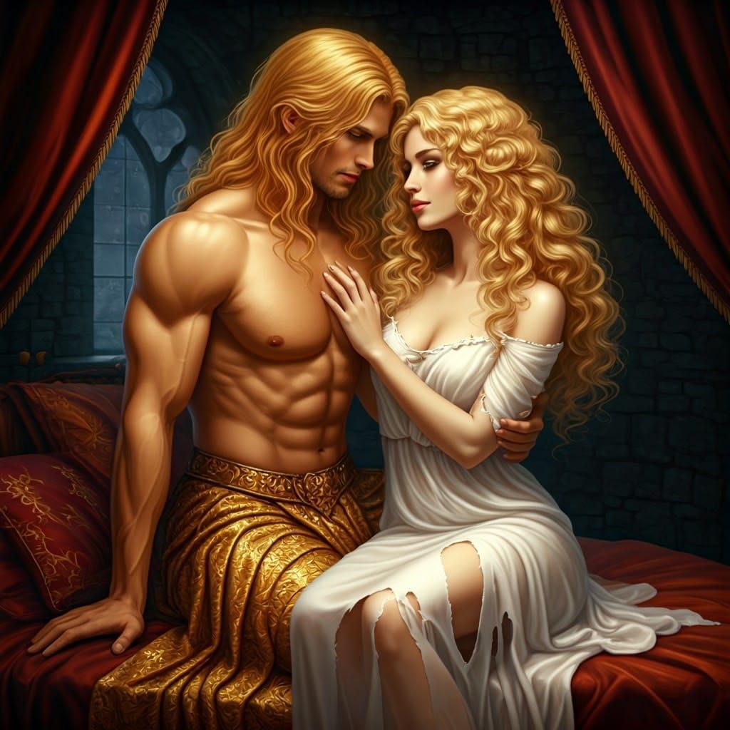Sensual Fiery Man and Woman in Golden Skirt, Velvet Bed, and...