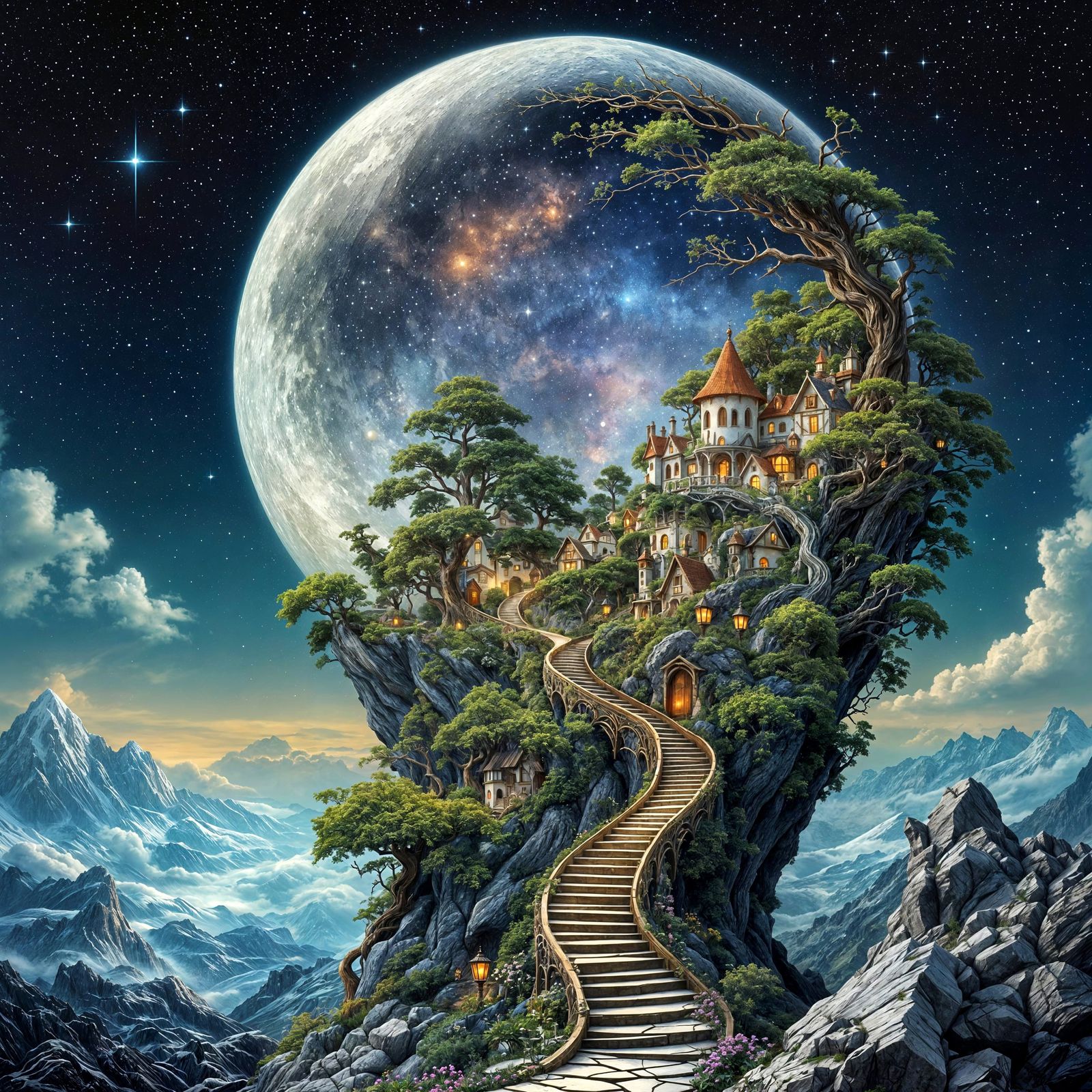 Fantasy Village Inside Silver Moon, Surreal Scene