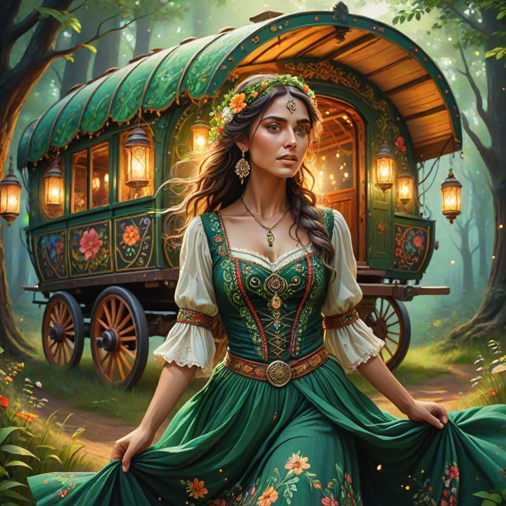 Whimsical Gypsy Fantasy in Oil Painting Style