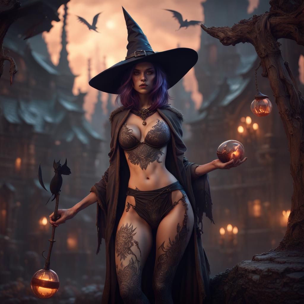 Fantasy Witch with Bare Midriff in Detailed Art