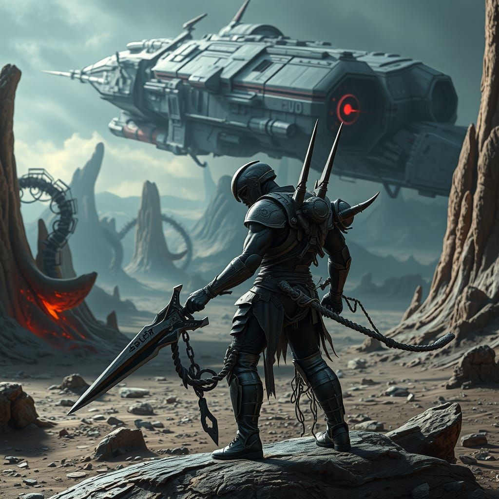 Athletic Warrior Awaits Spaceship in Giger Style