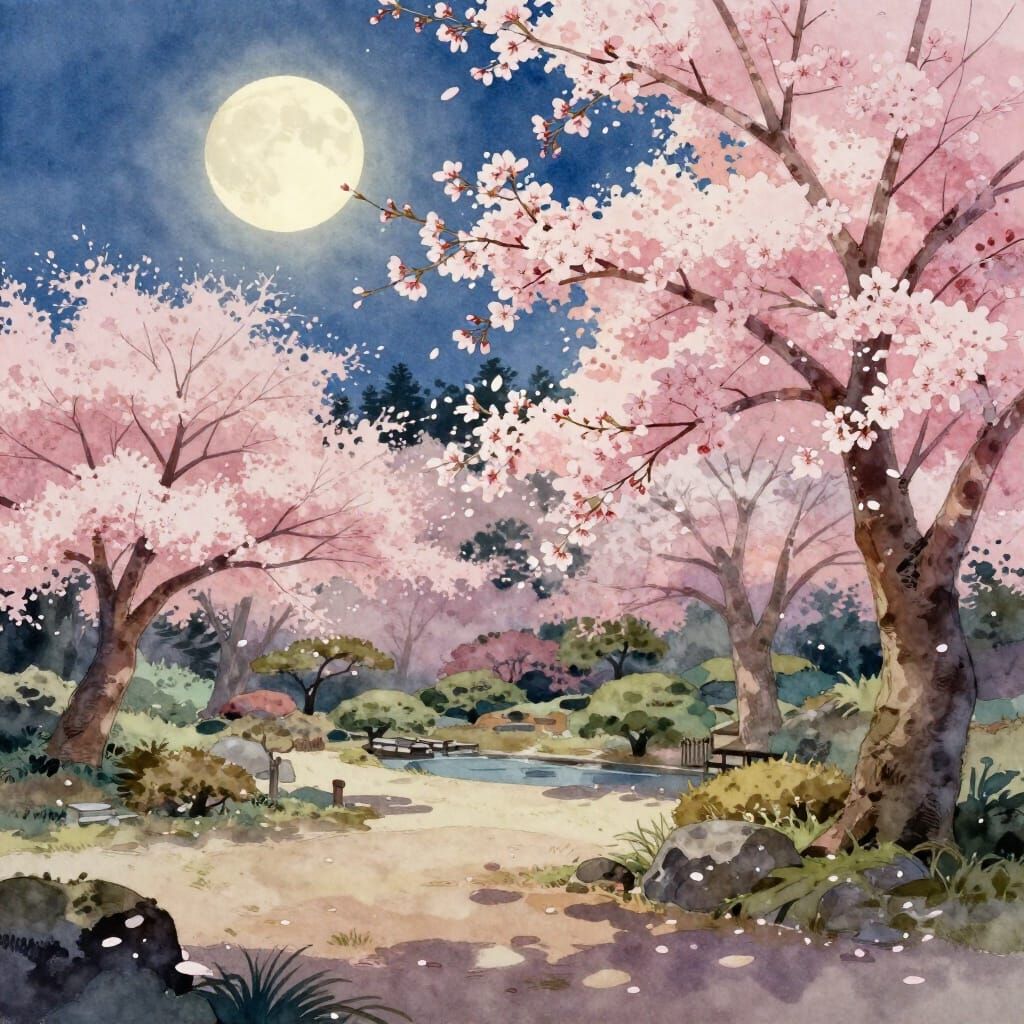 Moonlit Sakura Garden in Watercolor Style