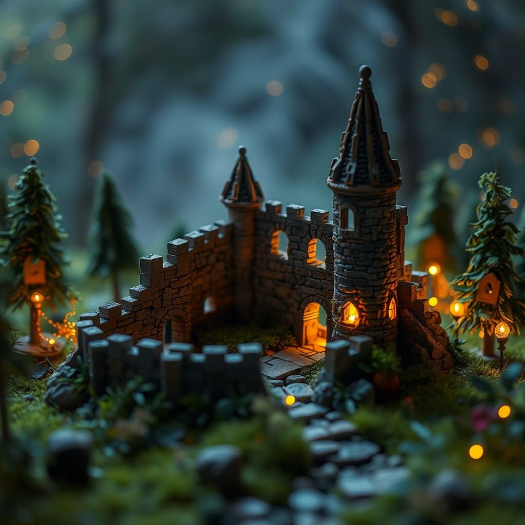 Miniature Castle Ruin Diorama with Ethereal Glow