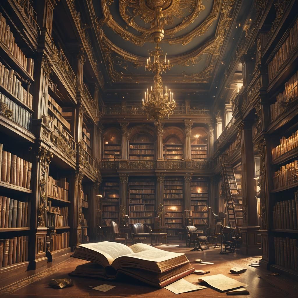 Ornate Library Book Overflowing with Musical Notes