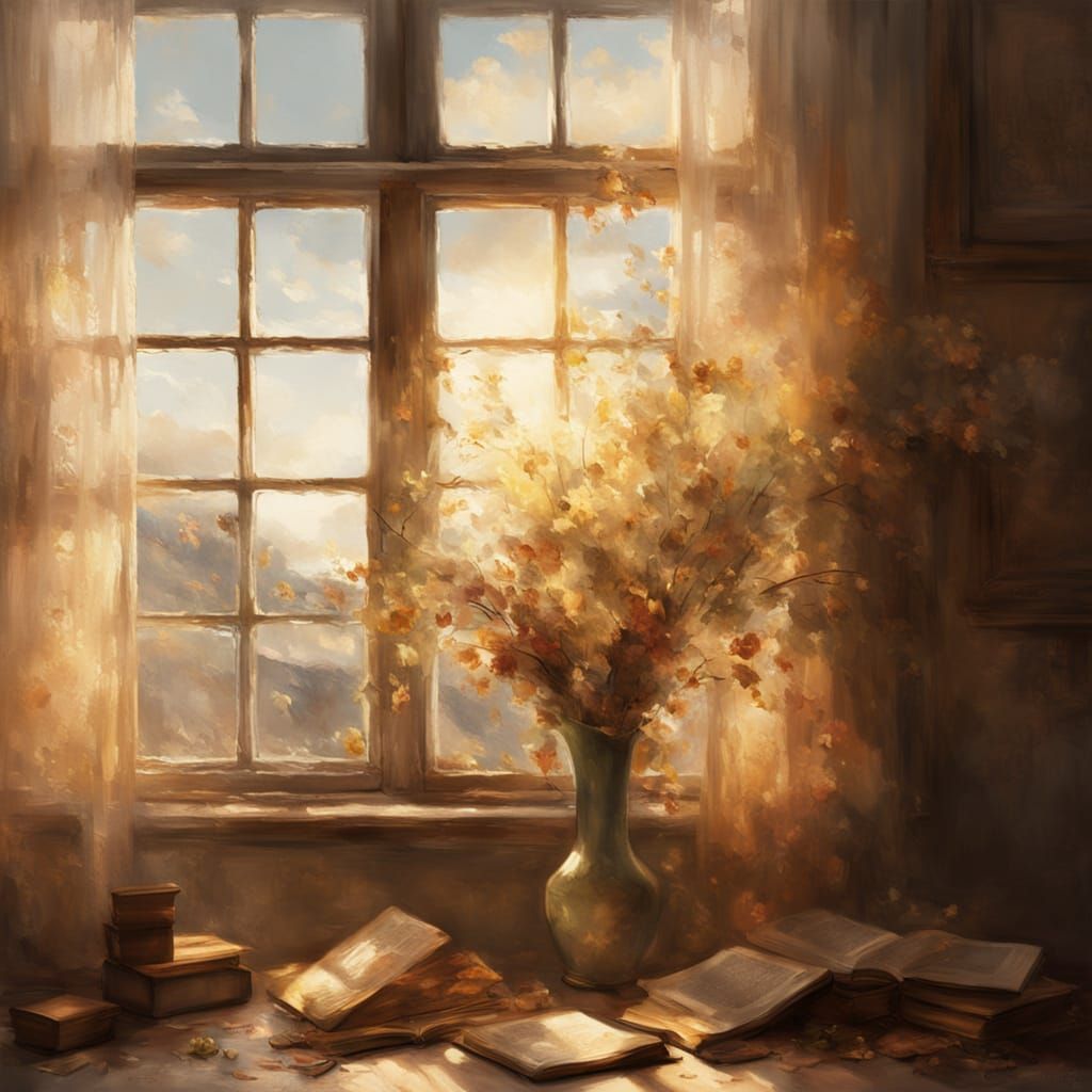 Old Window with Blowing Curtains in Golden Light