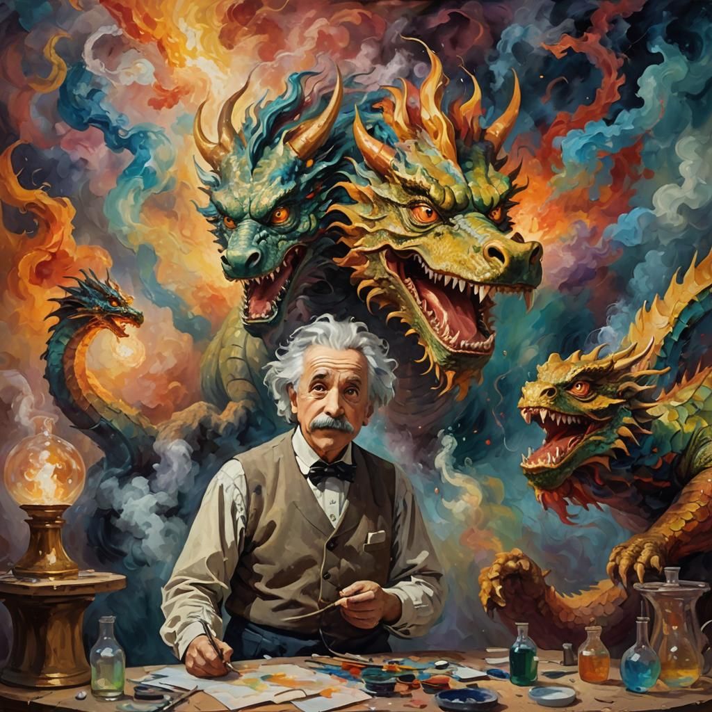 Einstein and Dragon in Neo-Impressionist Style