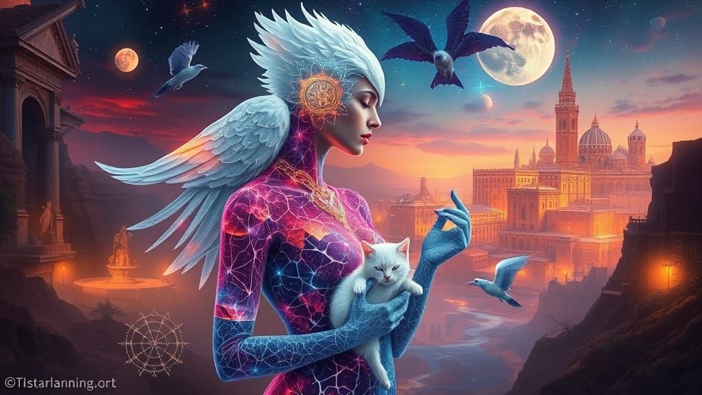 Ethereal Woman Carrying Birds in Dreamlike Nature Mindscape