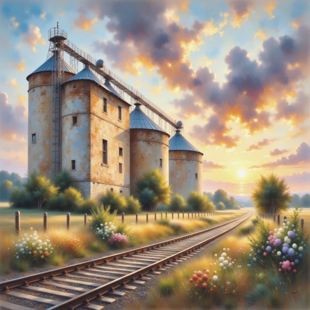 Grain Silos at Sunset in Diffuse Painting Style