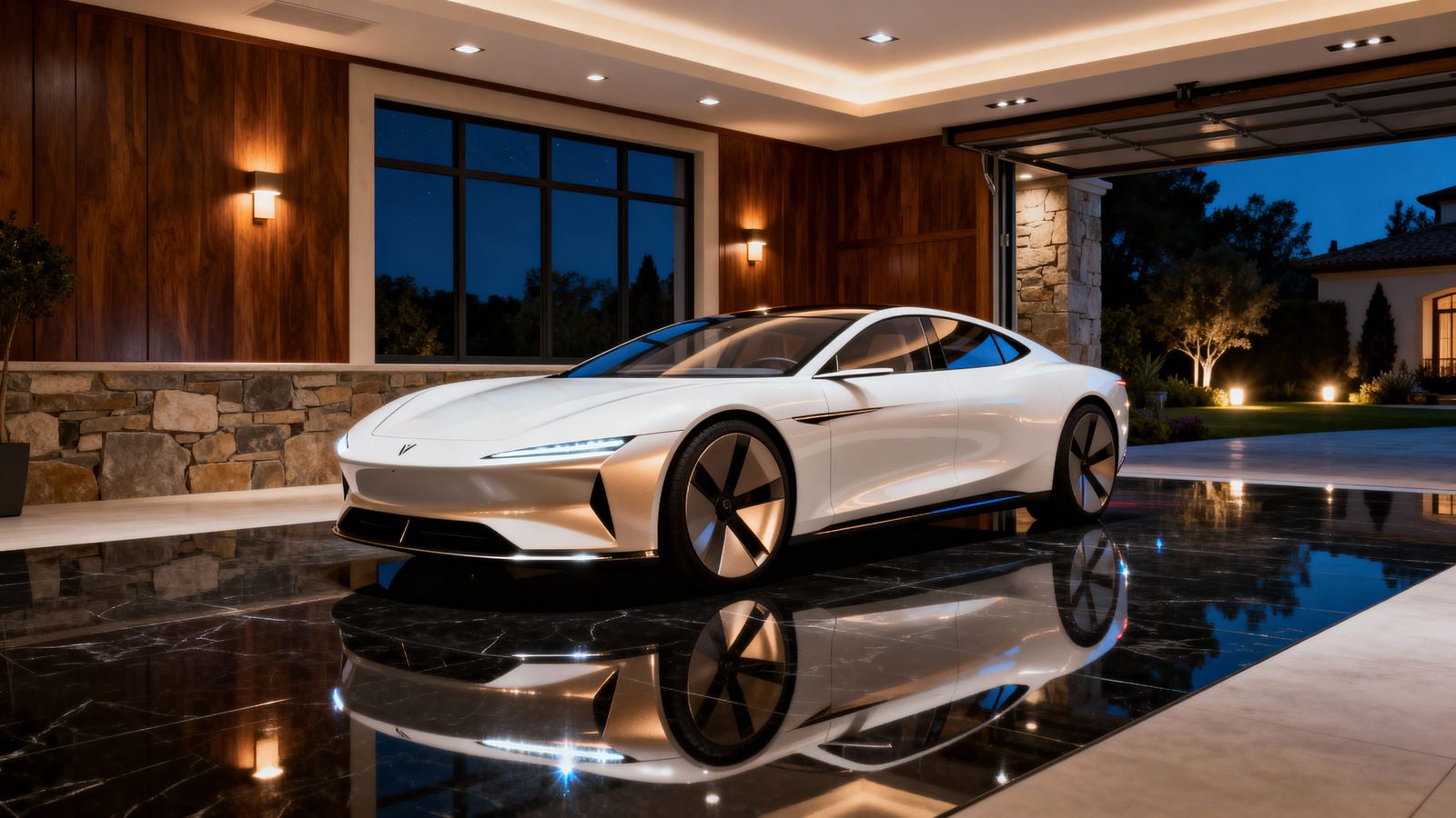 Futuristic Bauhaus-Brutalist EV Sedan in Showroom