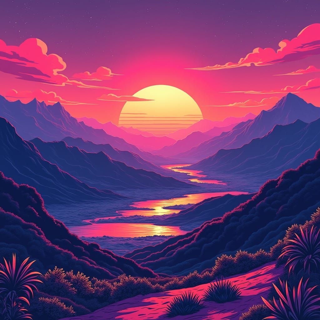 Surreal Retro Futuristic Chilean Sunset Landscape with Purpl...
