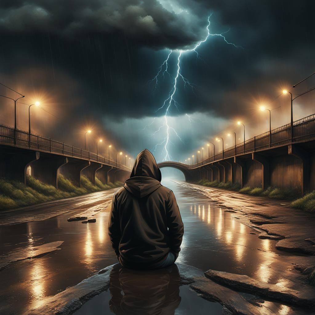 Man in Rainy Alleyway with Bridge: Fantasy Concept Art