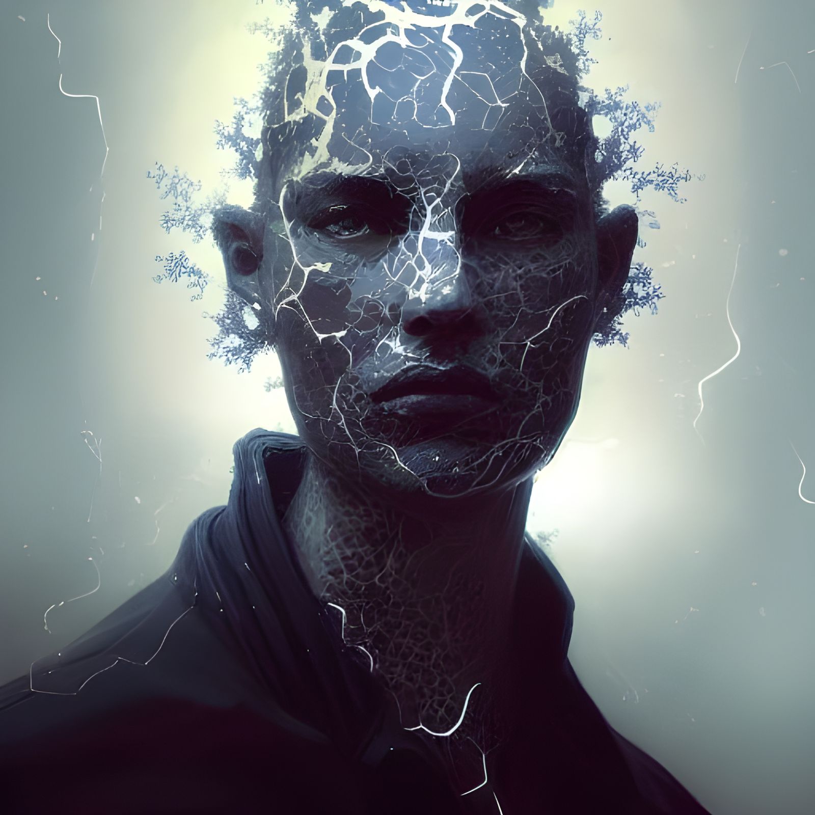 Fractured Ceramic Portrait in Sinister Lighting