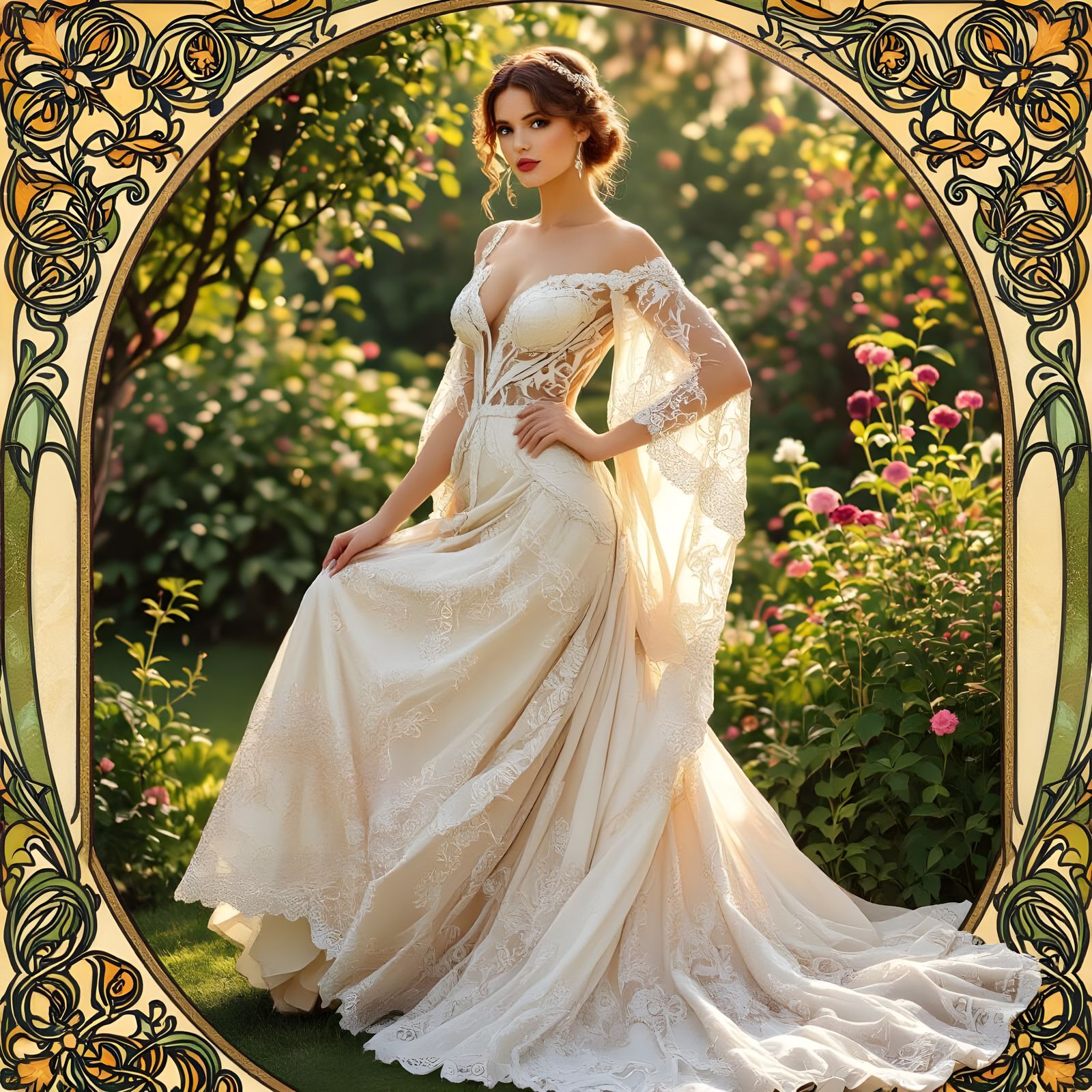 Elegant Woman in Wedding Dress, Art Nouveau Style