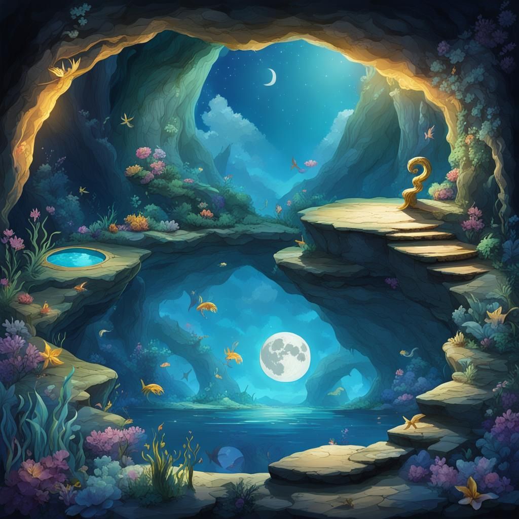 Enchanted Moonlit Grotto with Mermaids