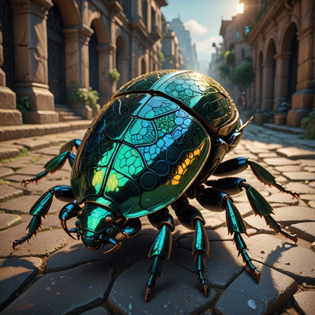 Vibrant Iridescent Beetle Leaps Over Ancient Civilization in...
