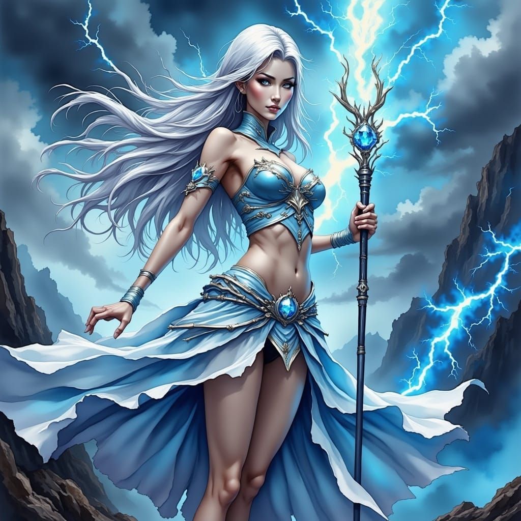 Anime Elemental Woman with Lightning Staff