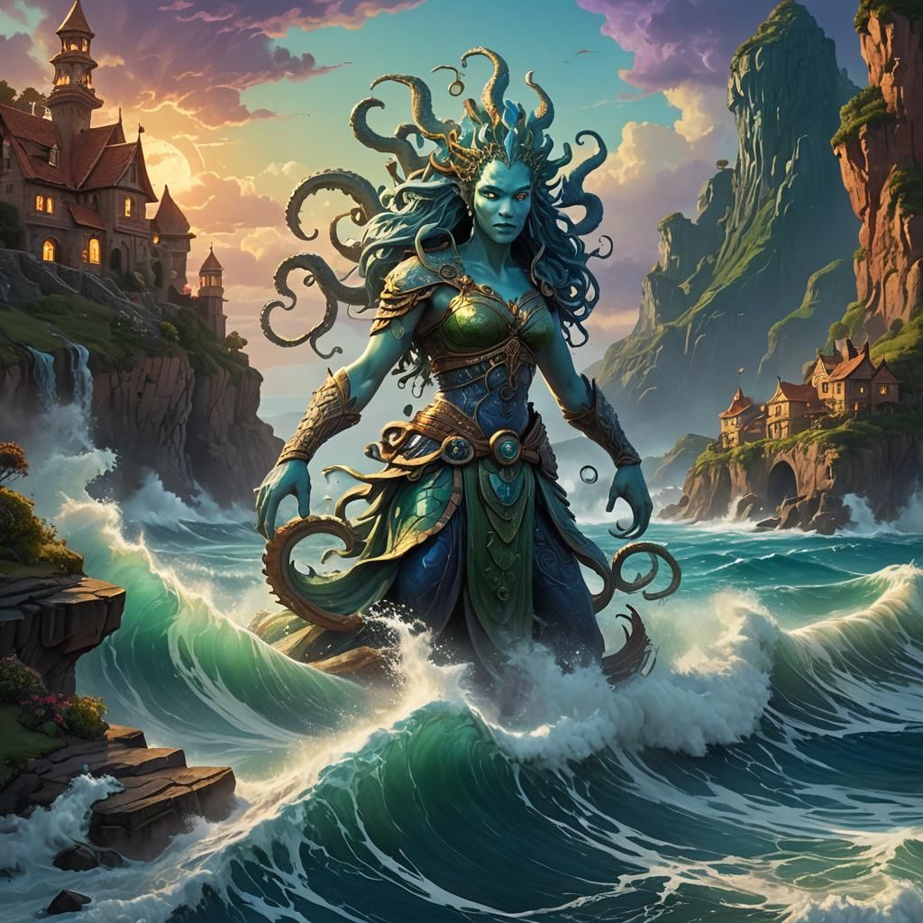 Water Genasi Defends Village From Kraken: Fantasy Art
