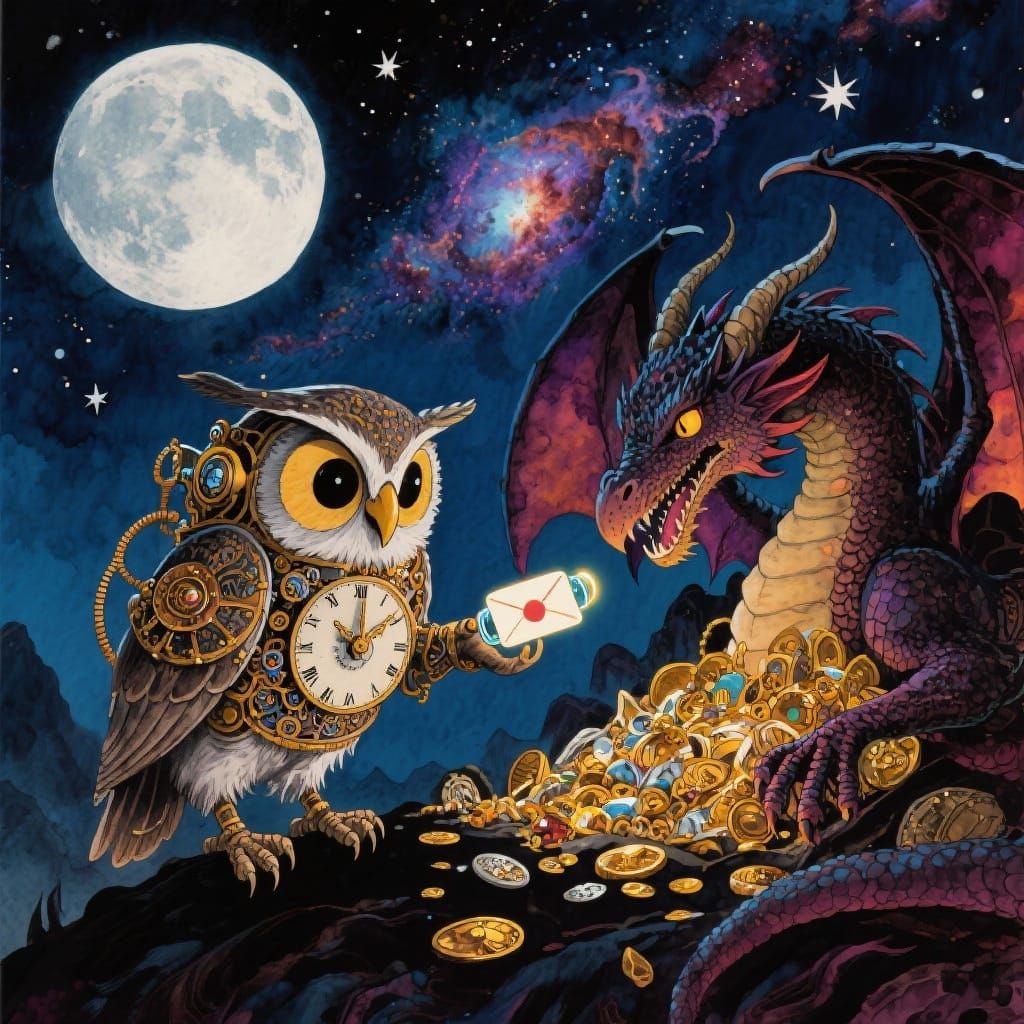 Clockwork Owl Delivers Message to Dragon in Surreal Steampun...