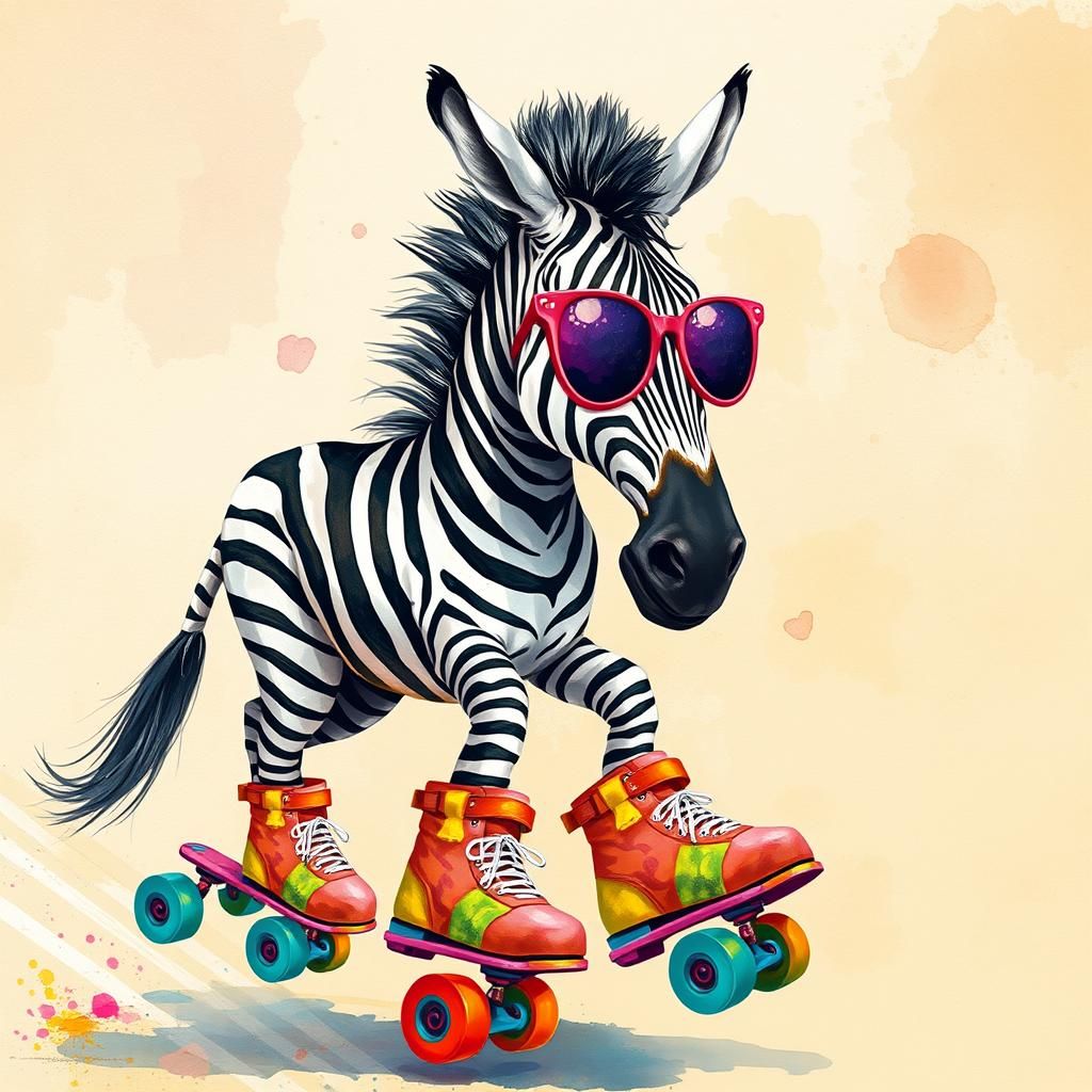 Zebra on Roller Skates in Gouache Watercolor Style