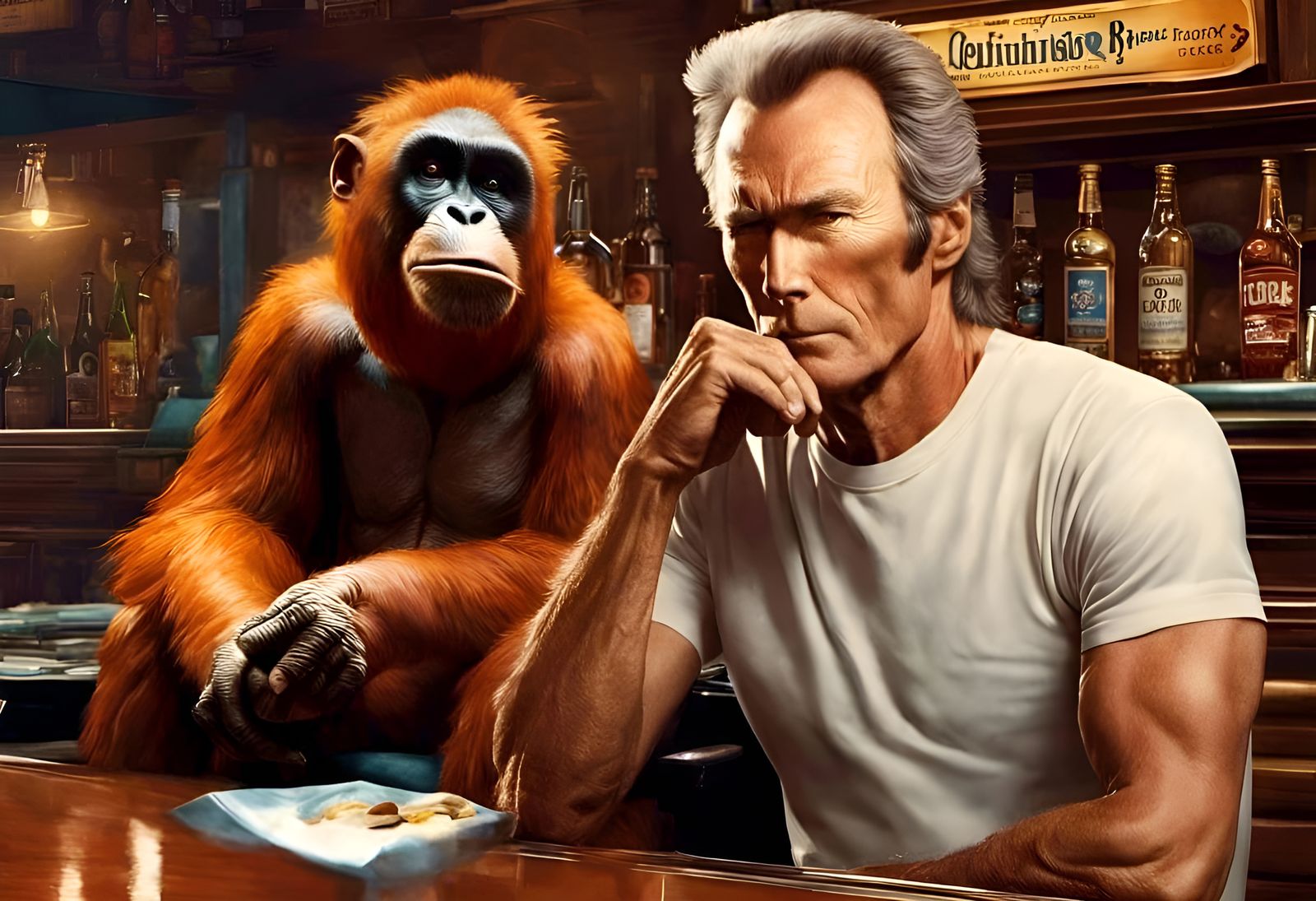 Clint Eastwood and Orangutan in Hyperrealistic Style