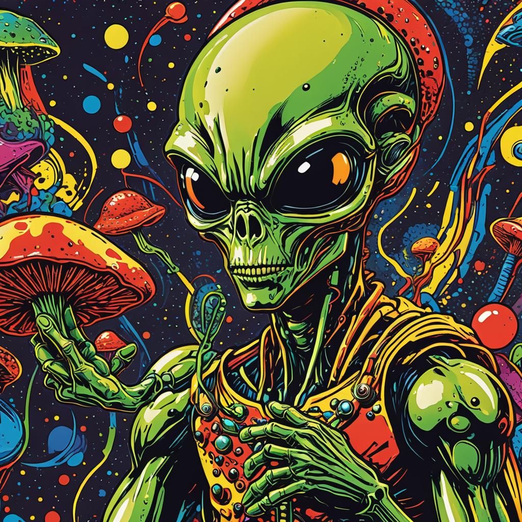 Pop Art Alien with Mushroom in Comic Style