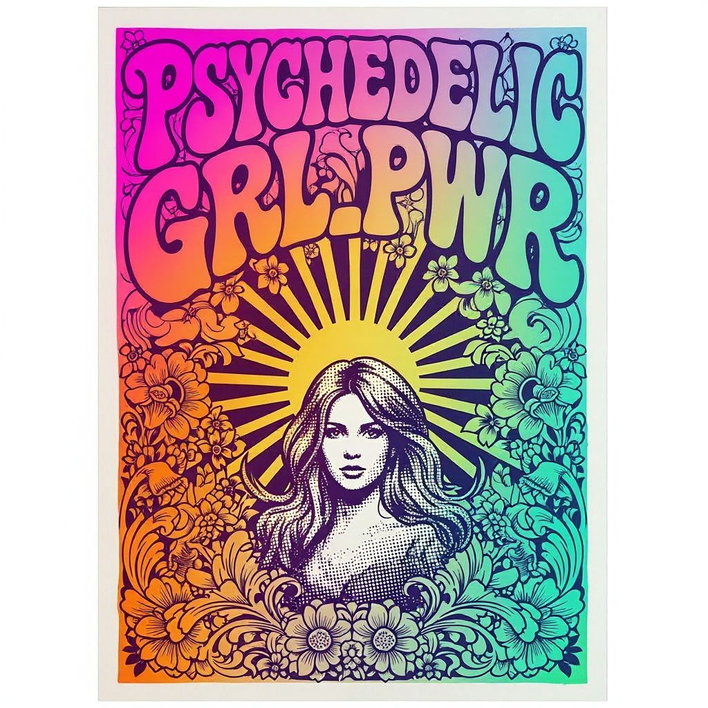 Psychedelic Silk-Screen Poster with Floral Motifs and Female...