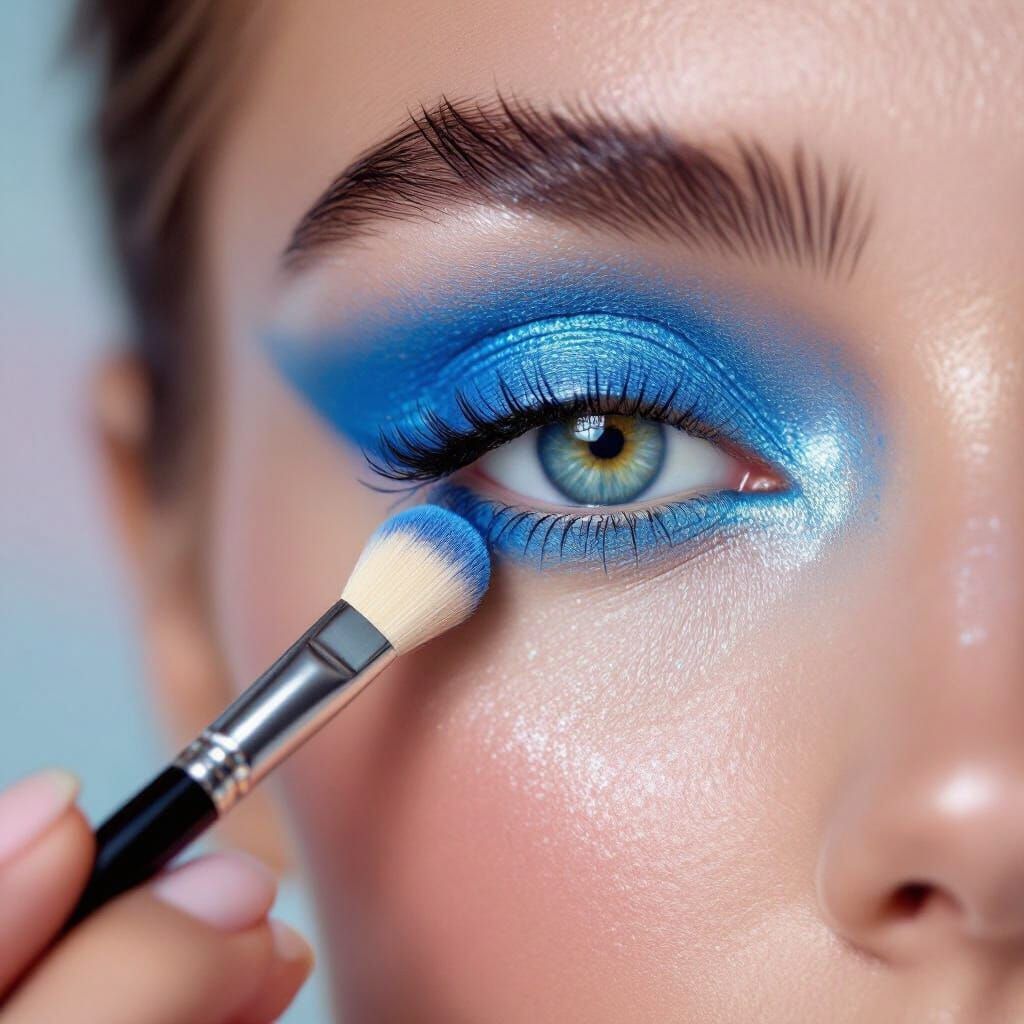Woman Applying Vibrant Blue Eyeshadow in Studio