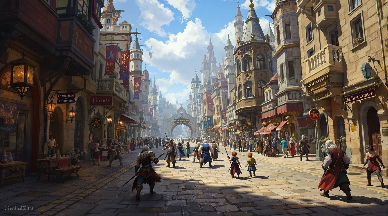 Fantasy City Street Scene in a Canal City