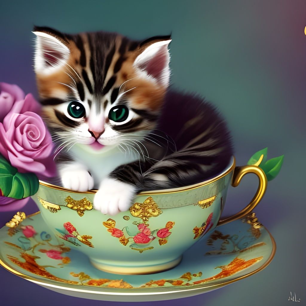 Cute Kitten in Teacup: Fantasy Concept Art