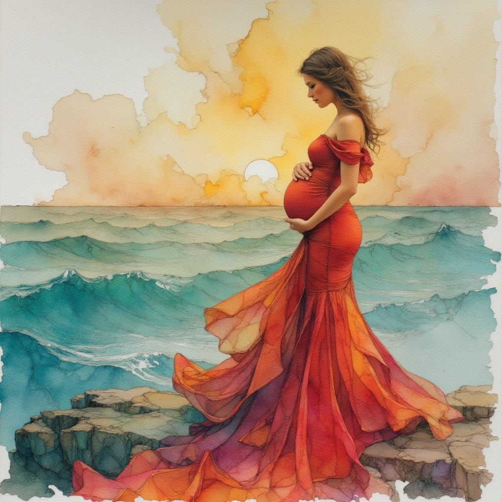 Elegant Mother at Sunrise in Neurographic Ink Style