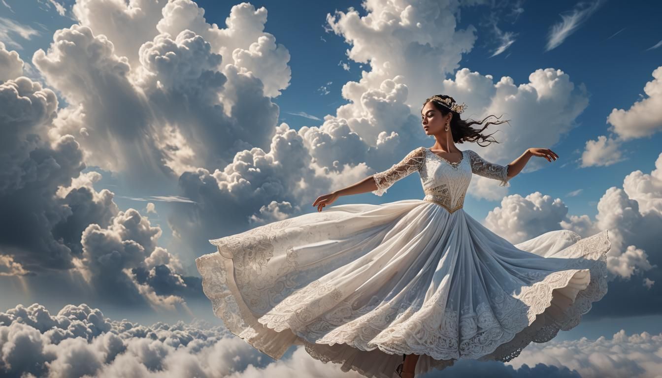 Classical Dancer Amidst Clouds in a Blue Sky