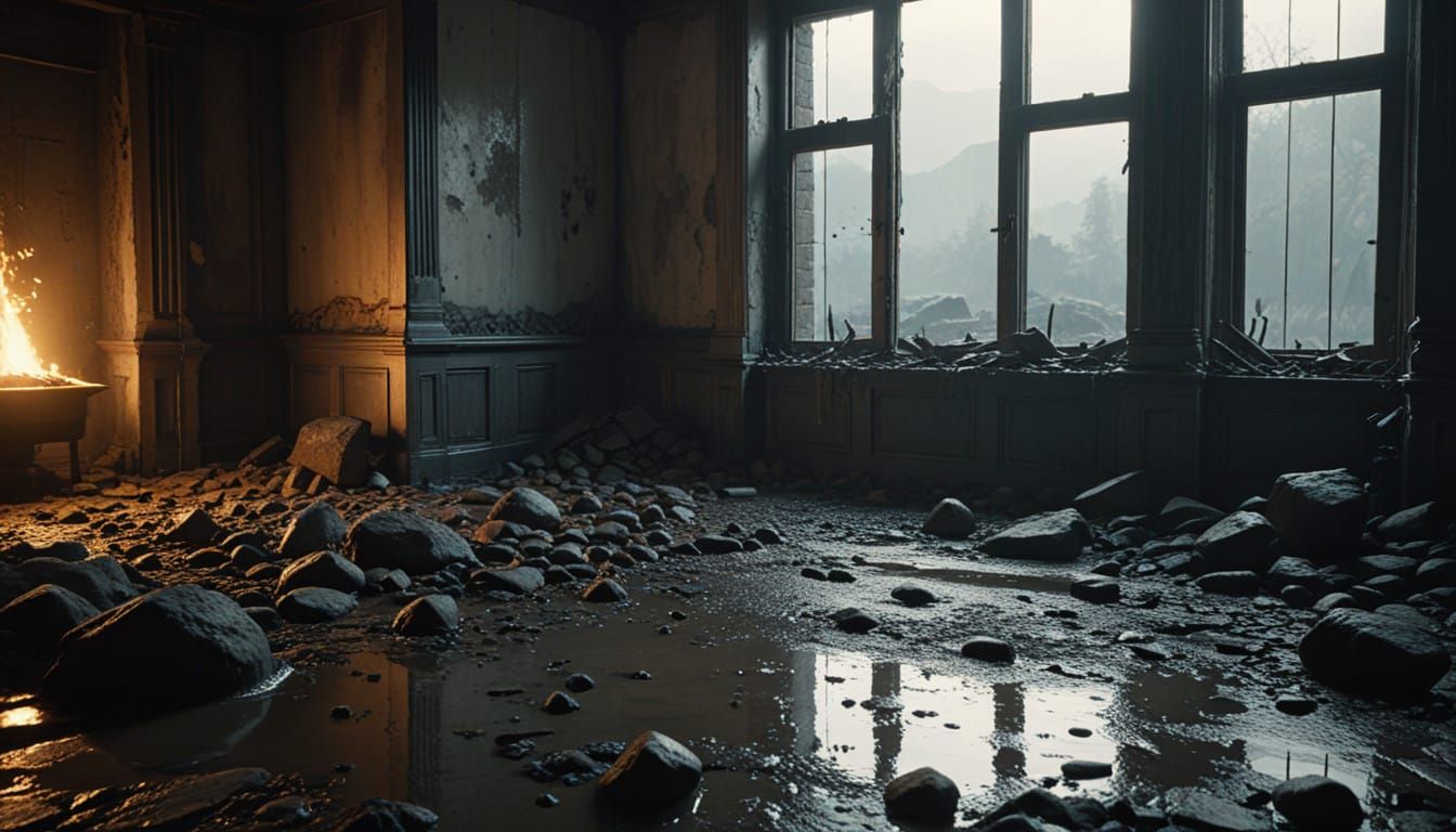 Surreal Muddy Room Scene Frozen in Time