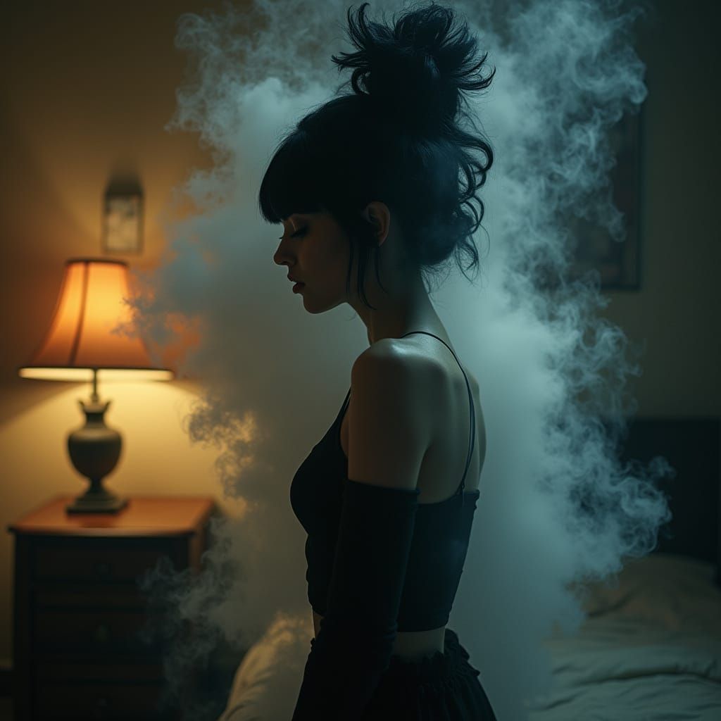 1960s Woman Emerges from Smoke in Chiaroscuro Bedroom