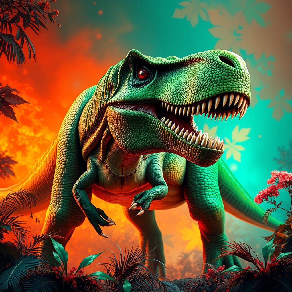 Majestic Green Tyrannosaurus Rex in Art Nouveau Style