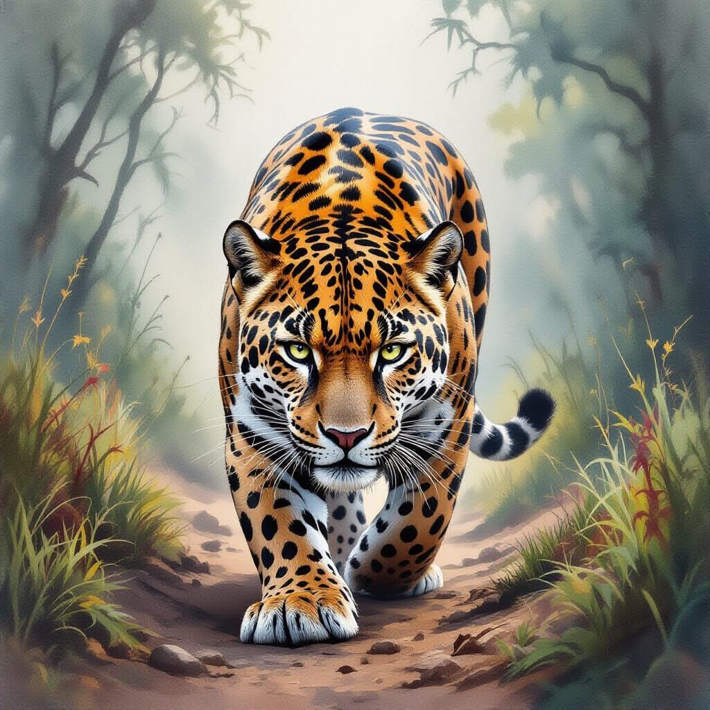 Watercolor Jaguar with Hyperrealistic Eyes