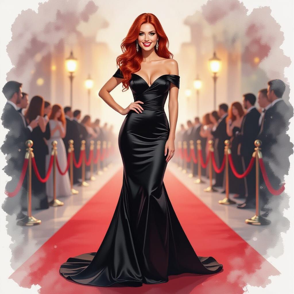 Redhead in Black Gown: Watercolor Ink Splatter Style