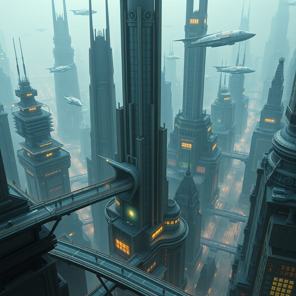 Futuristic Metropolis with Tiny Humans and Aerial Traffic