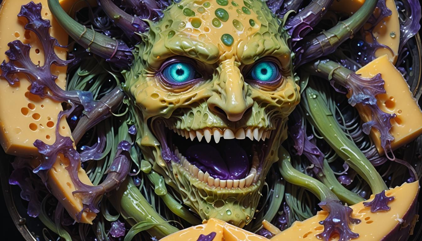 Dark Fantasy Cheese with Glowing Eyes and Teeth