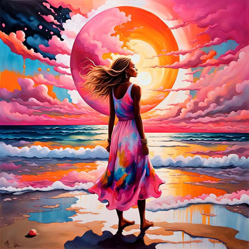 Girl Gazing at Moon and Sun in Street Art